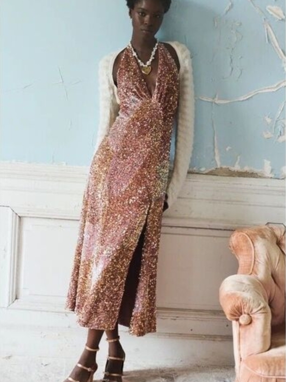 Free People Glitter & Gold Sequined Midi Dress  S NWOT